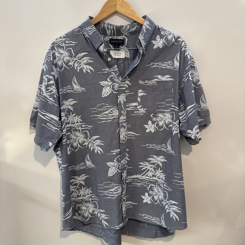 Lands End Mens Button Up Shirt Hawaiian XL 17 - 17‎ 1/2 Grey Cotton Short Sleeve